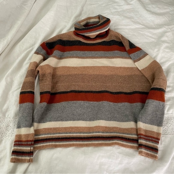The Cashmere Project MEDIUM Striped Cashmere Sweater Brown Caramel turtleneck - Picture 1 of 5